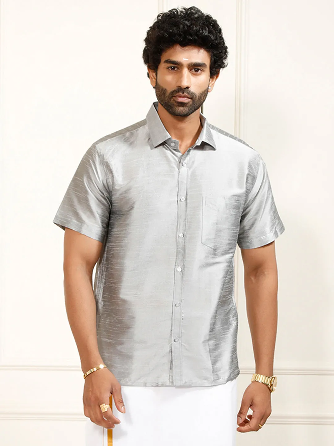 VM By VASTRAMAY Men's Grey Silk Blend Ethnic Shirt