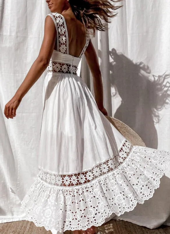 White lace panel sleevesless A-line large swing maxi dress | Summer party dress