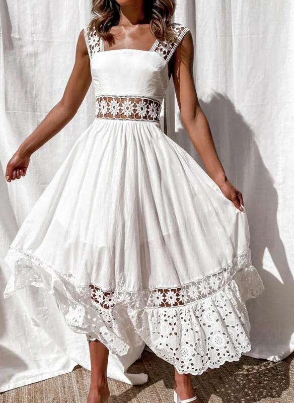 White lace panel sleevesless A-line large swing maxi dress | Summer party dress