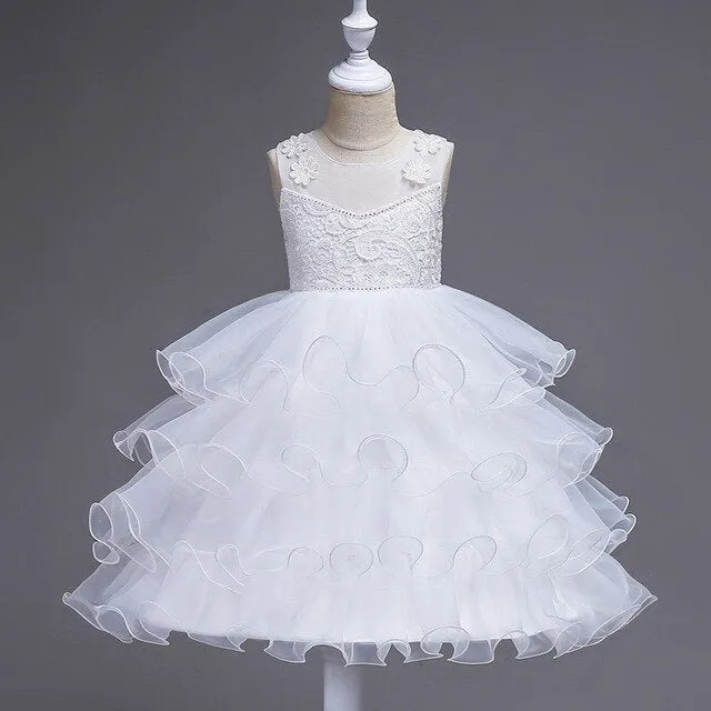 White Layered Tulle Dress, Size 3-14 Yrs