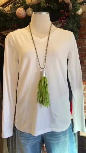 White Long Sleeve V Neck Tee