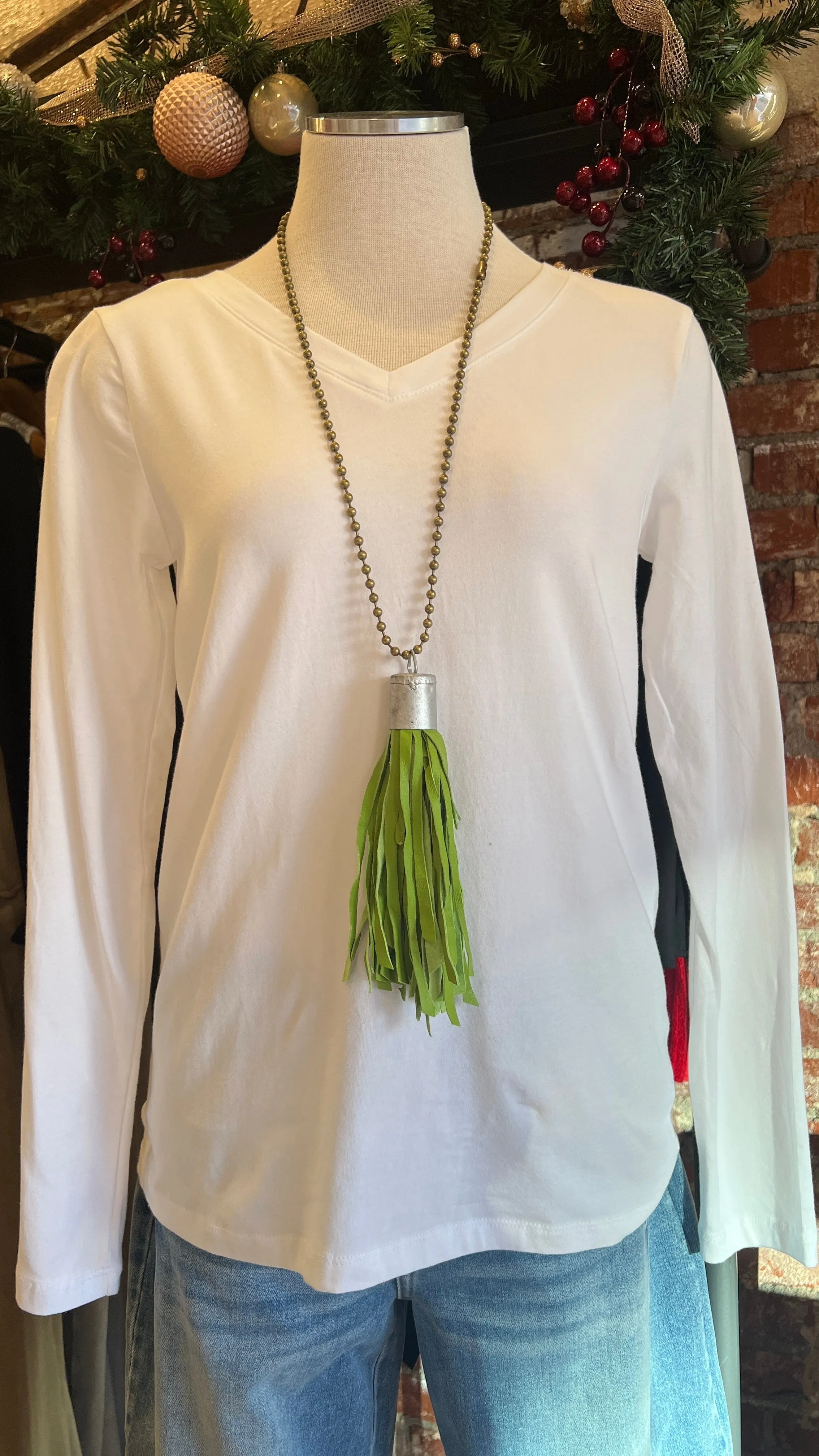 White Long Sleeve V Neck Tee
