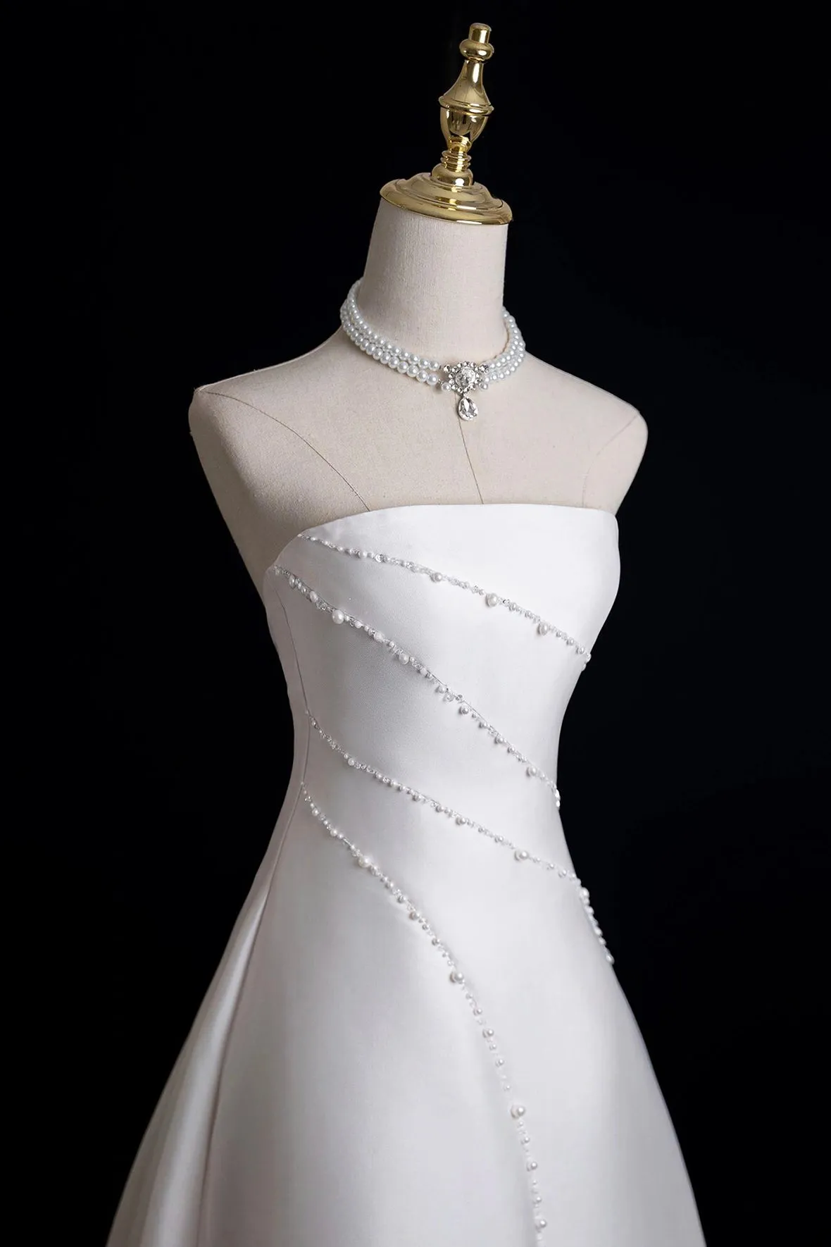 White Satin Pearl Long A-Line Prom Dress, White Evening Party Dress