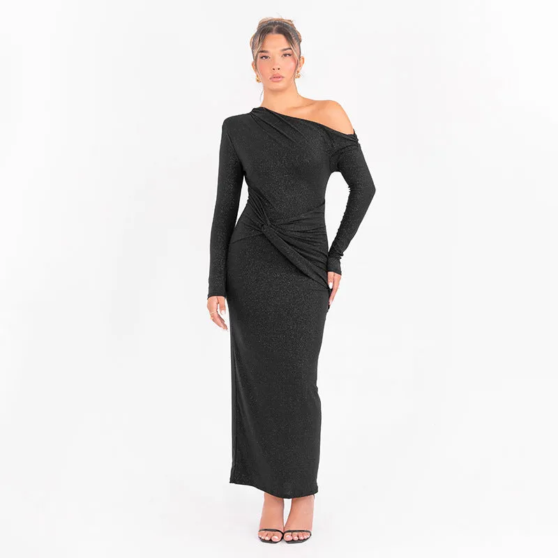 Women Knitted Sequined One Shoulder Twist Knot Evening Dress