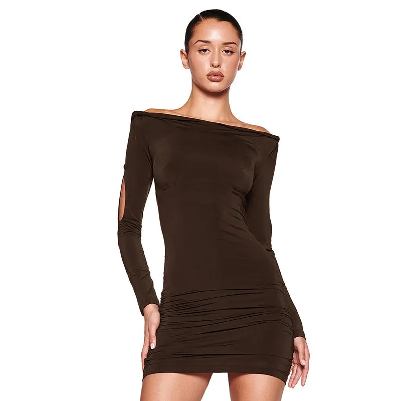 Women Off Neck ong Sleeve Short Party Dress