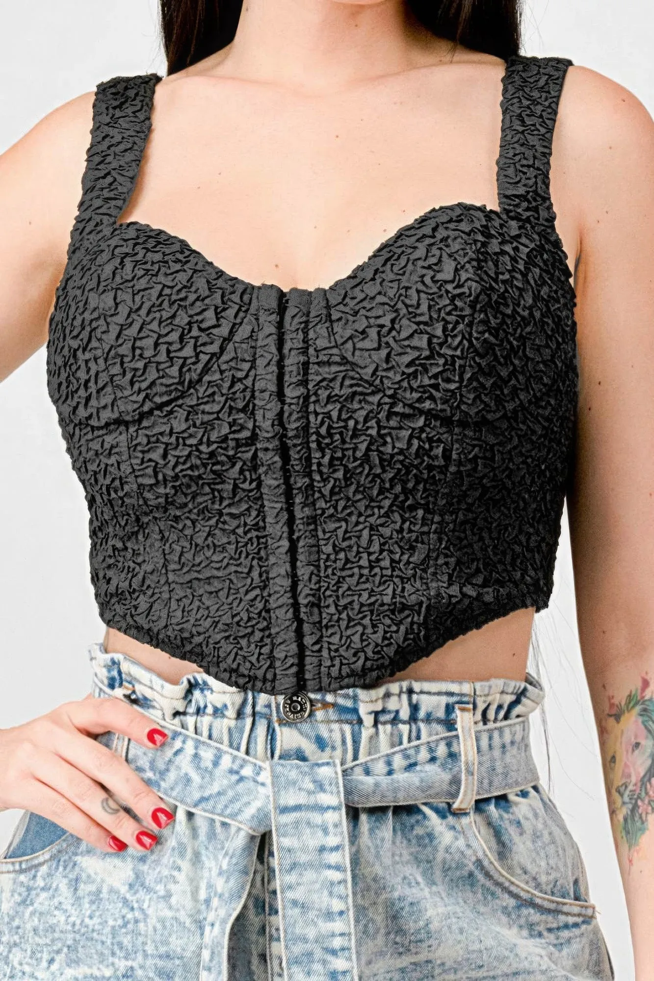 Women's High Fashion Crinkle Stretch Knit Bustier Crop Top