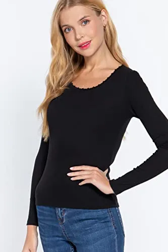 Women's Long Sleeve Round Neck Lace Trim Rib Knit Top