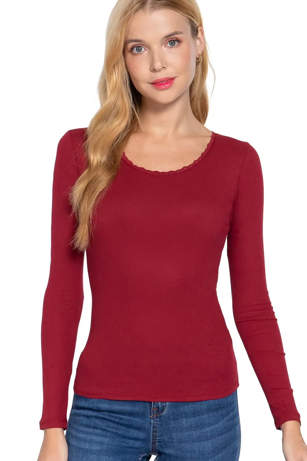Women's Long Sleeve Round Neck Lace Trim Rib Knit Top