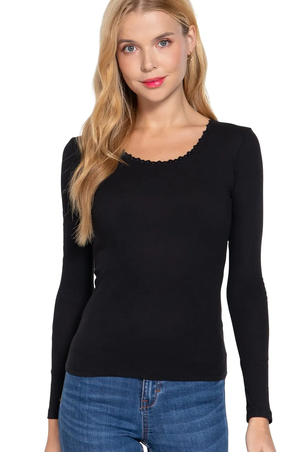 Women's Long Sleeve Round Neck Lace Trim Rib Knit Top