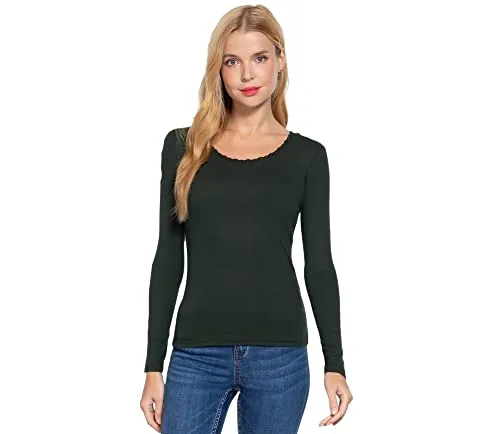 Women's Long Sleeve Round Neck Lace Trim Rib Knit Top