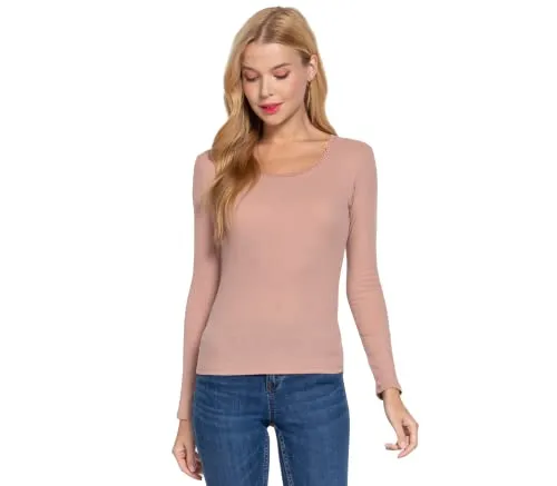 Women's Long Sleeve Round Neck Lace Trim Rib Knit Top
