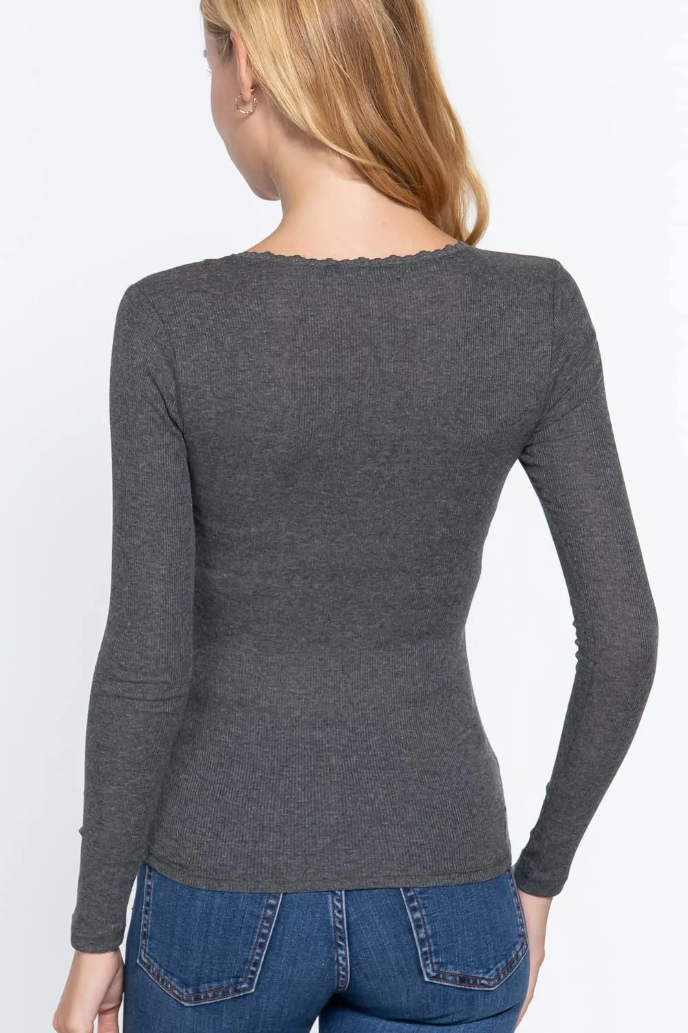 Women's Long Sleeve Round Neck Lace Trim Rib Knit Top