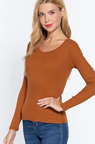 Women's Long Sleeve Round Neck Lace Trim Rib Knit Top