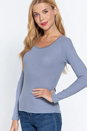 Women's Long Sleeve Round Neck Lace Trim Rib Knit Top