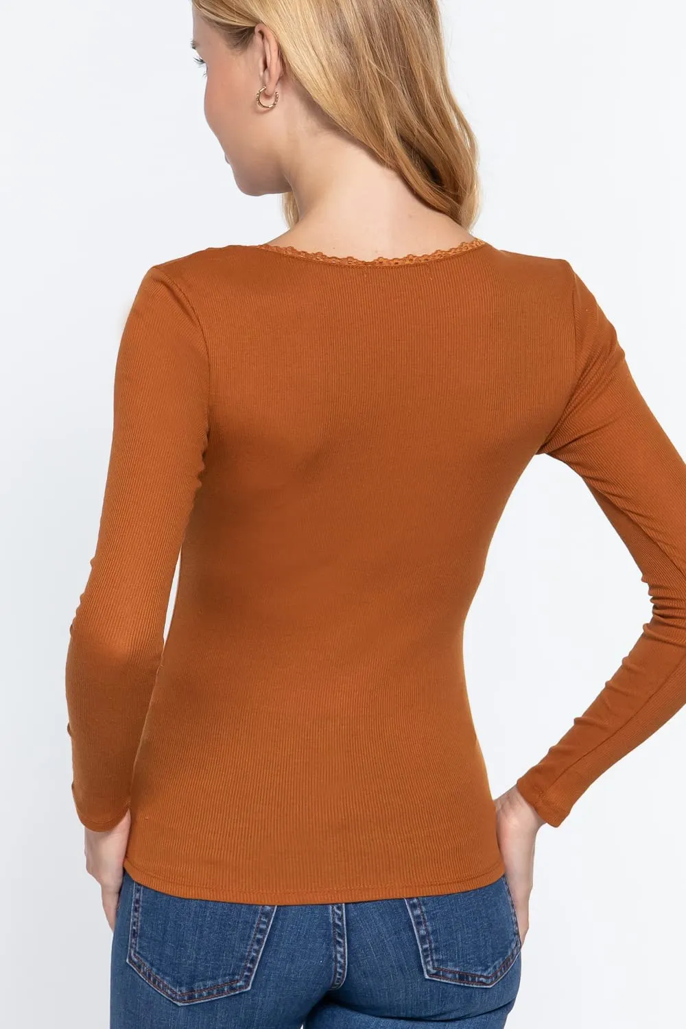 Women's Long Sleeve Round Neck Lace Trim Rib Knit Top