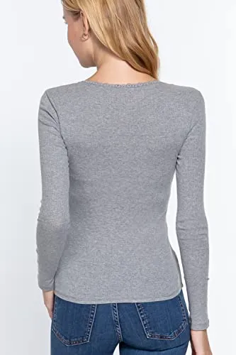 Women's Long Sleeve Round Neck Lace Trim Rib Knit Top