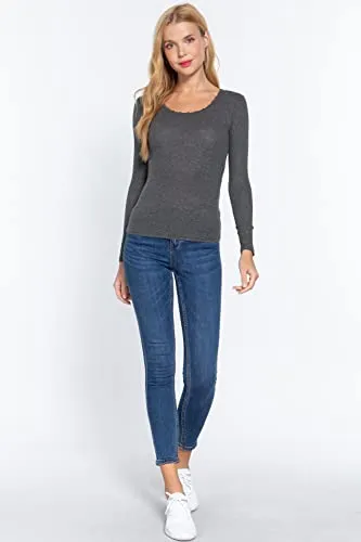 Women's Long Sleeve Round Neck Lace Trim Rib Knit Top