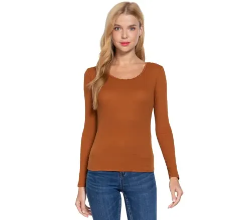 Women's Long Sleeve Round Neck Lace Trim Rib Knit Top