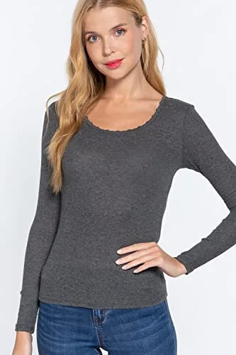 Women's Long Sleeve Round Neck Lace Trim Rib Knit Top