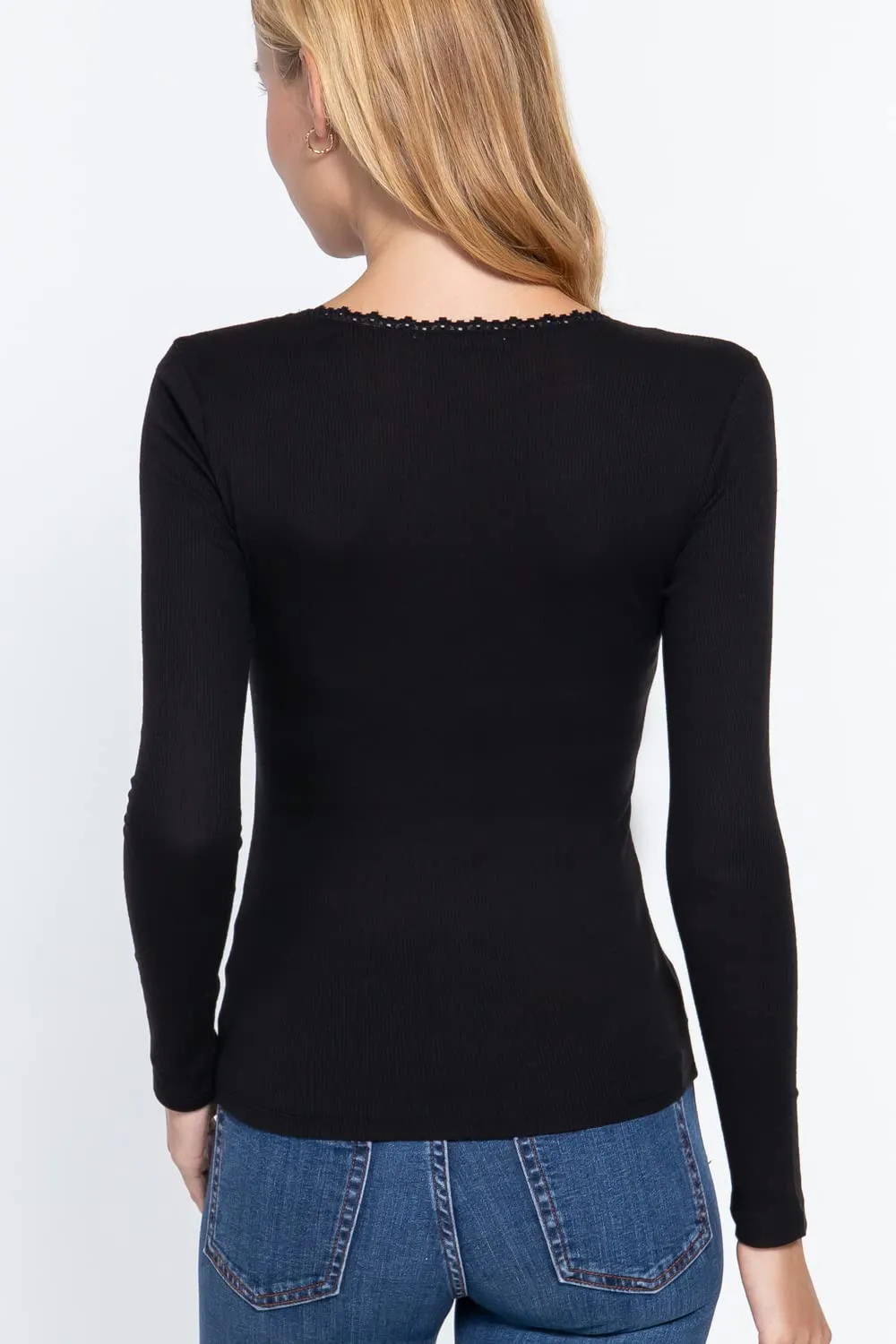Women's Long Sleeve Round Neck Lace Trim Rib Knit Top