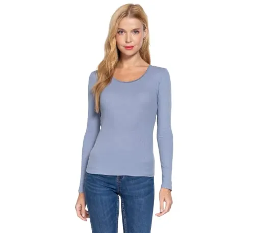 Women's Long Sleeve Round Neck Lace Trim Rib Knit Top