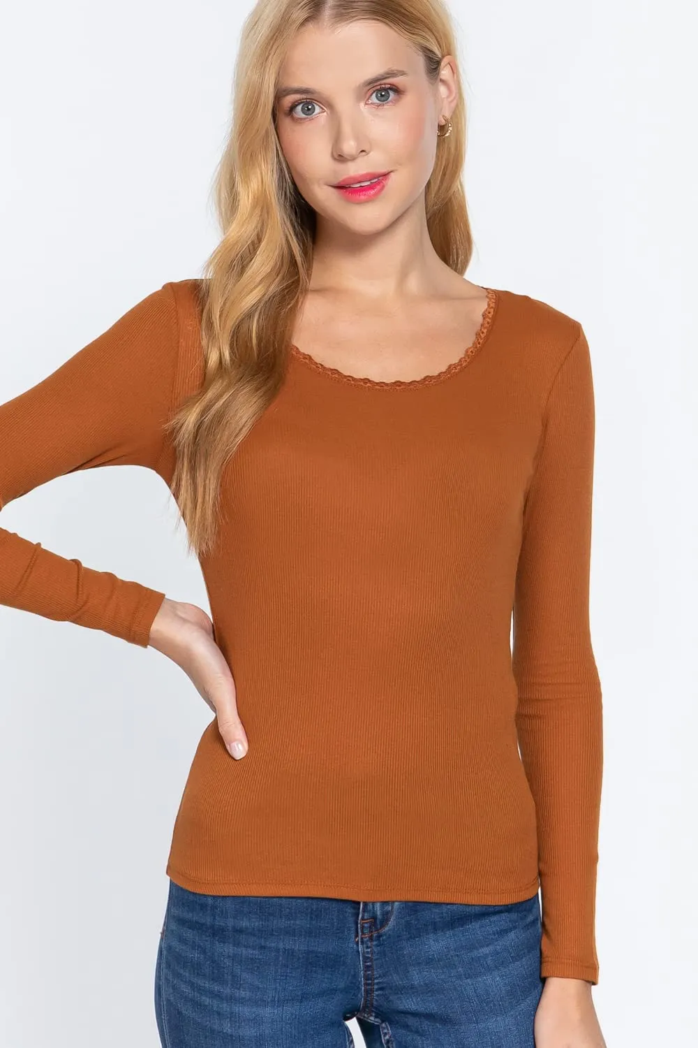 Women's Long Sleeve Round Neck Lace Trim Rib Knit Top