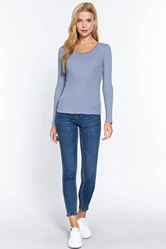 Women's Long Sleeve Round Neck Lace Trim Rib Knit Top