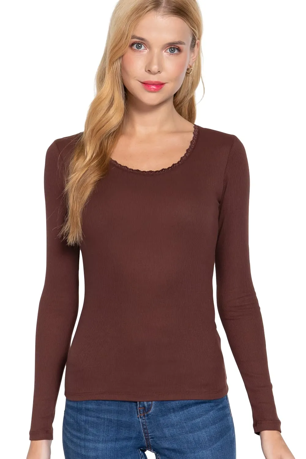 Women's Long Sleeve Round Neck Lace Trim Rib Knit Top