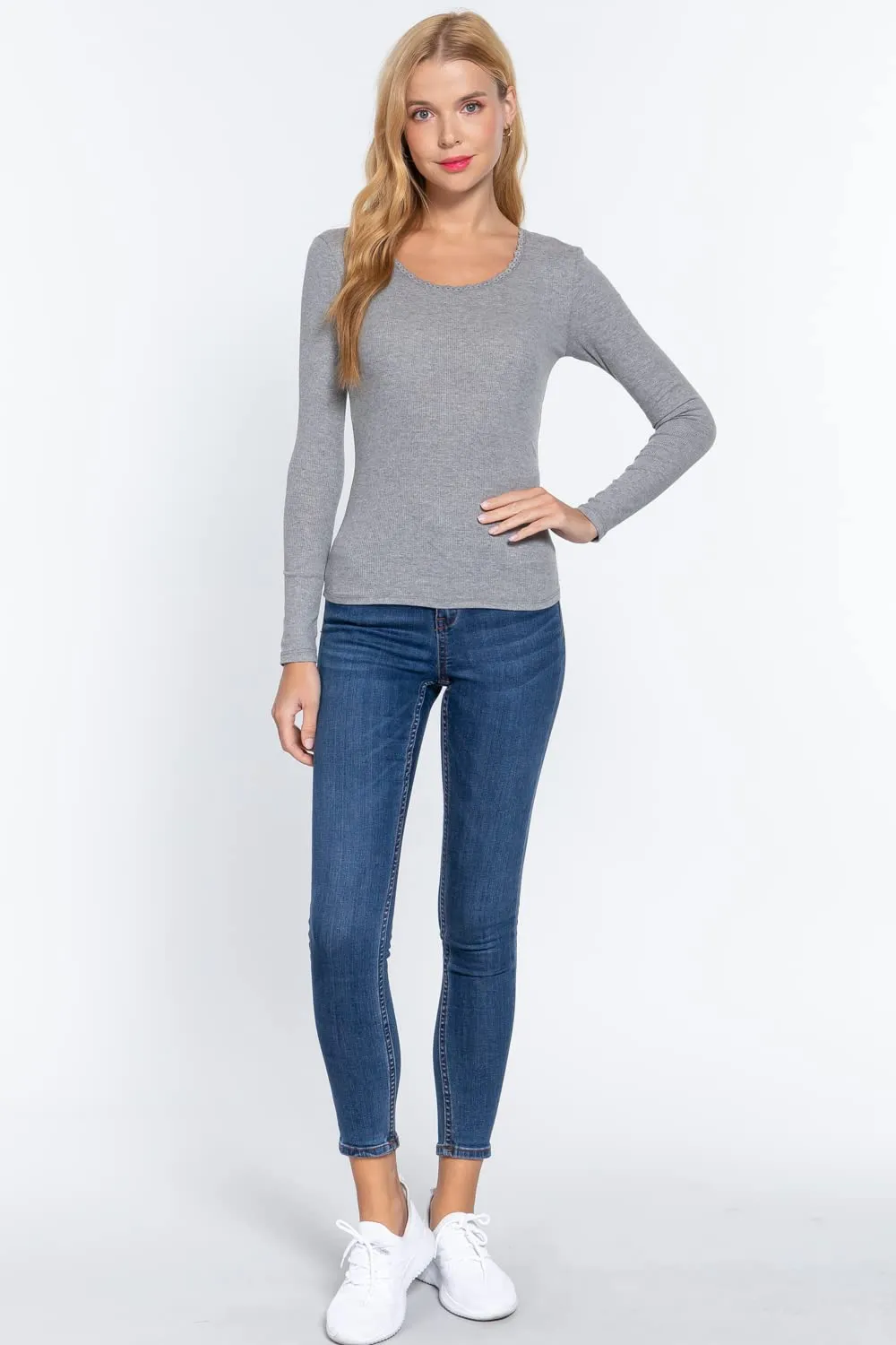 Women's Long Sleeve Round Neck Lace Trim Rib Knit Top