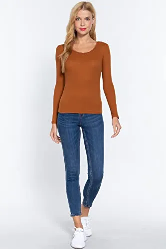 Women's Long Sleeve Round Neck Lace Trim Rib Knit Top