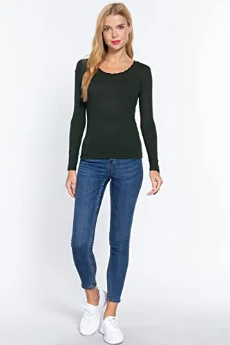 Women's Long Sleeve Round Neck Lace Trim Rib Knit Top