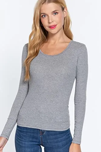Women's Long Sleeve Round Neck Lace Trim Rib Knit Top