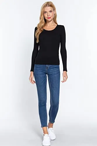 Women's Long Sleeve Round Neck Lace Trim Rib Knit Top