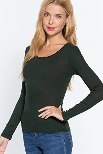 Women's Long Sleeve Round Neck Lace Trim Rib Knit Top