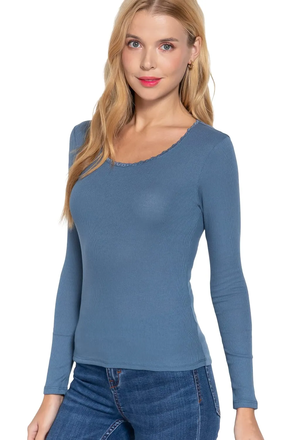Women's Long Sleeve Round Neck Lace Trim Rib Knit Top