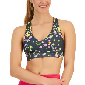 Women's Pansy-Print Strappy-Back Low-Impact Sports Bra,Dark Grey