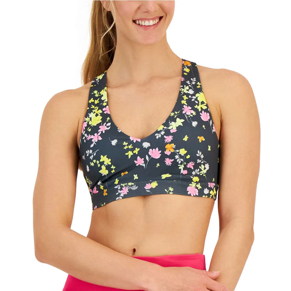 Women's Pansy-Print Strappy-Back Low-Impact Sports Bra,Dark Grey