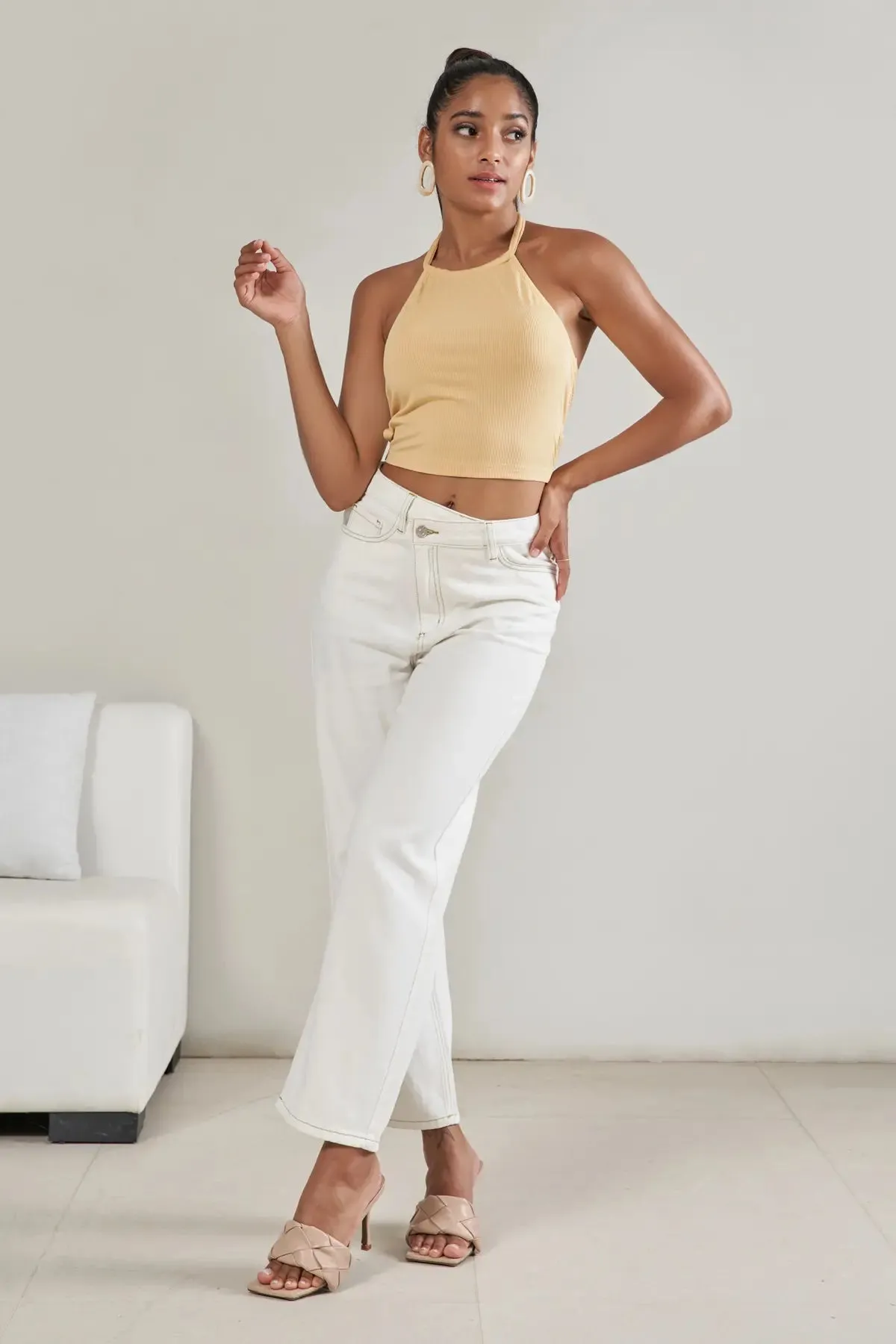 Women's Tie Neck Backless Rib Crop Top