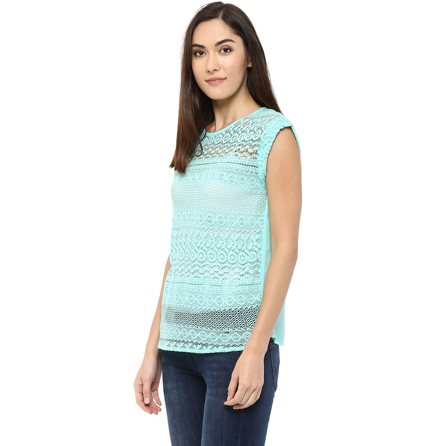 Woven Self Design Top With Cap Sleeves
